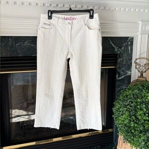 Bradley Five Pocket Cropped White Jeans With Zipper Accent